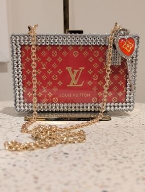 Upcycled Monogram Crystal-Trim Box Clutch with Clear Chain